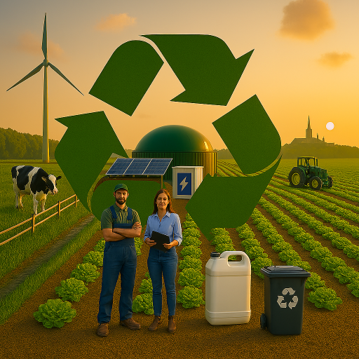 Kiertotalouden ja biotalouden toimiva kokonaisuus maaseudulla: ruoantuotanto, ravinteiden kierrätys, biokaasu, aurinkoenergia ja energian varastointi yhdistyvät ihmisten arjen toimintaan sekä kaupunkien ja maaseudun väliseen symbioosiin.